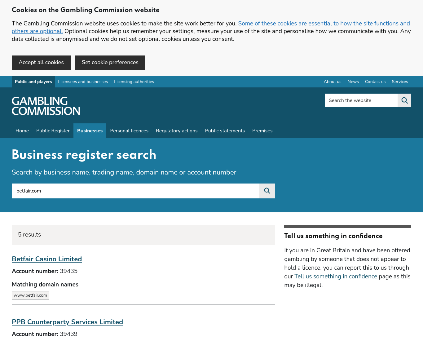 Vastlegging van het Britse openbare register bij de zoekopdracht naar betfair.com