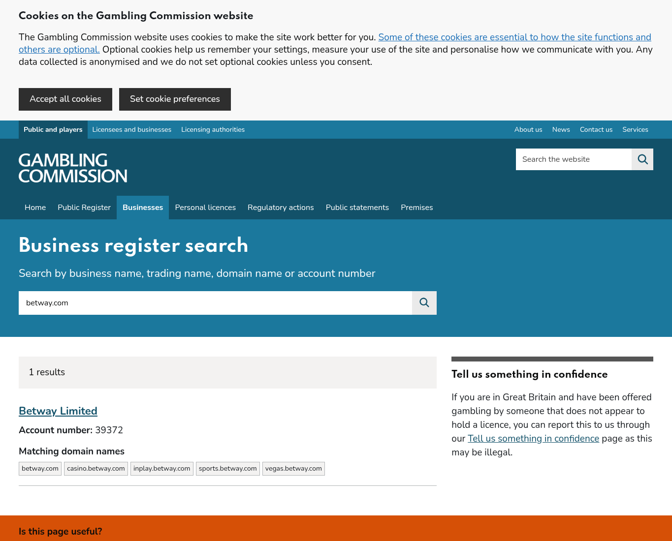 Vastgelegde registercontrole voor betway.com