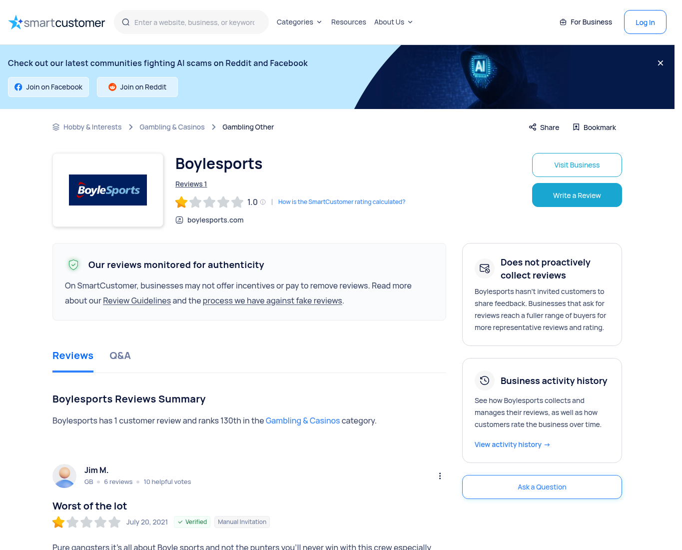 Vastlegging van een pagina met gebruikersreacties over boylesports.com
