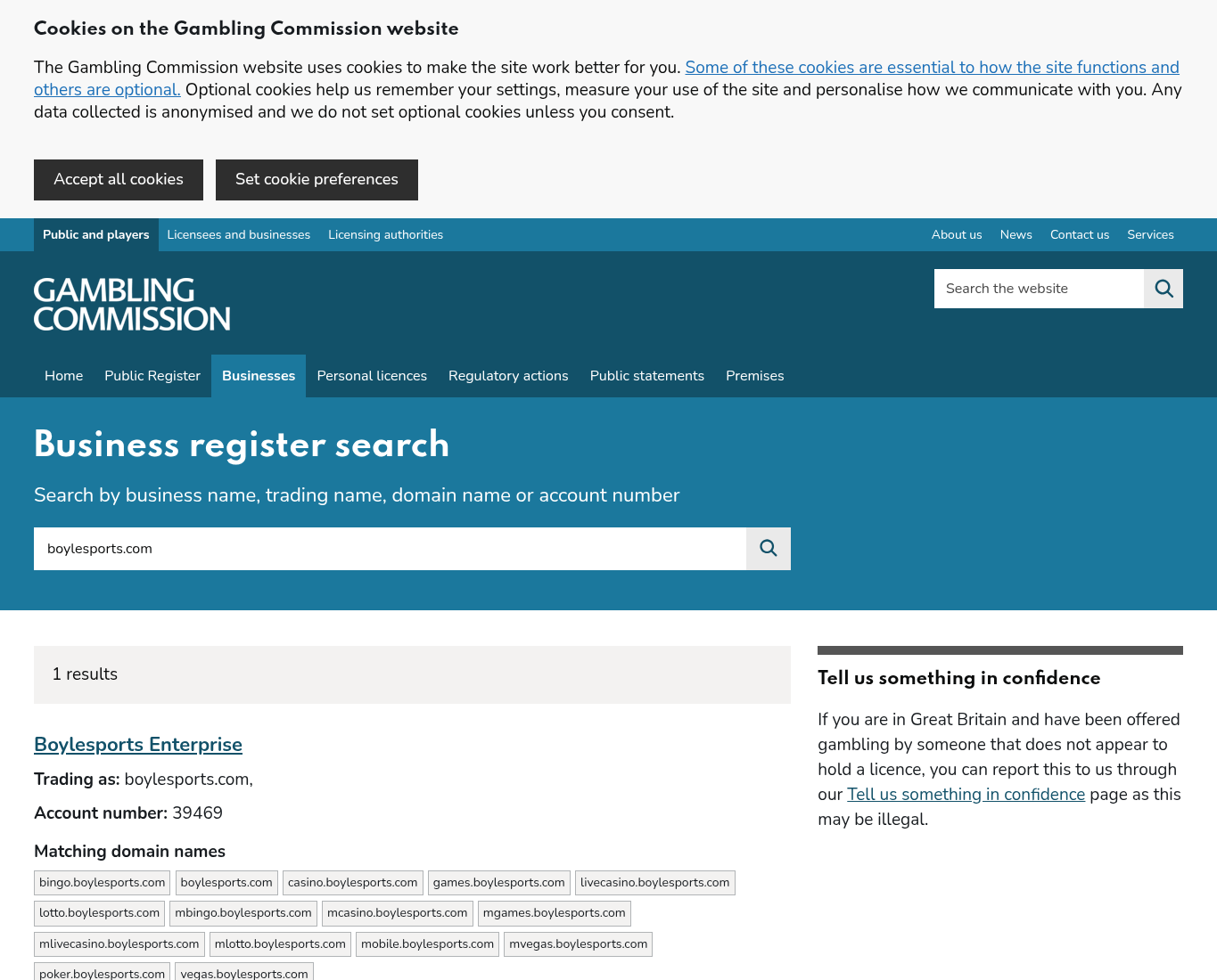 Vastlegging van het Britse registerresultaat voor boylesports.com