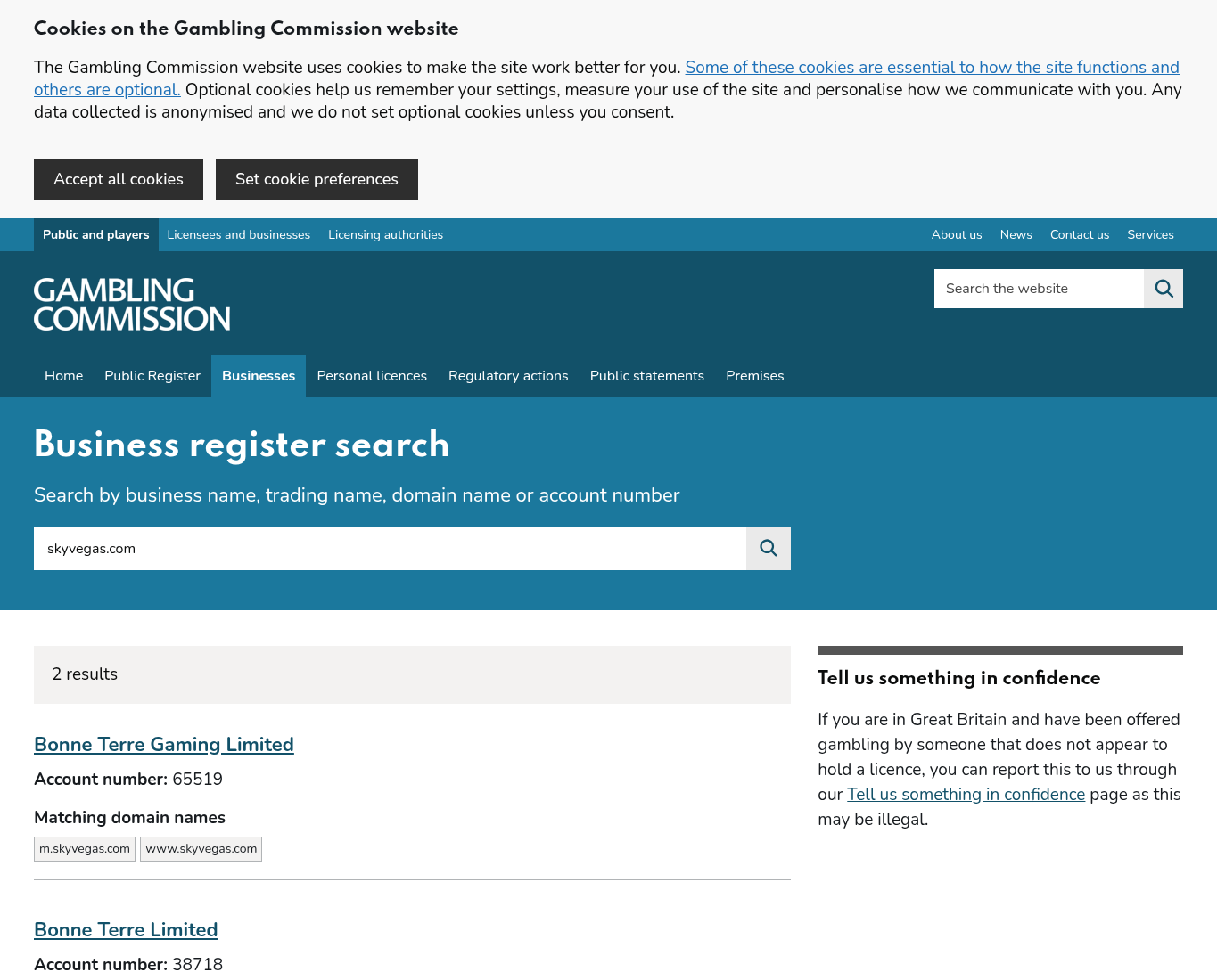 Opname van het Britse register met het gecontroleerde domein en de vergunningscontext
