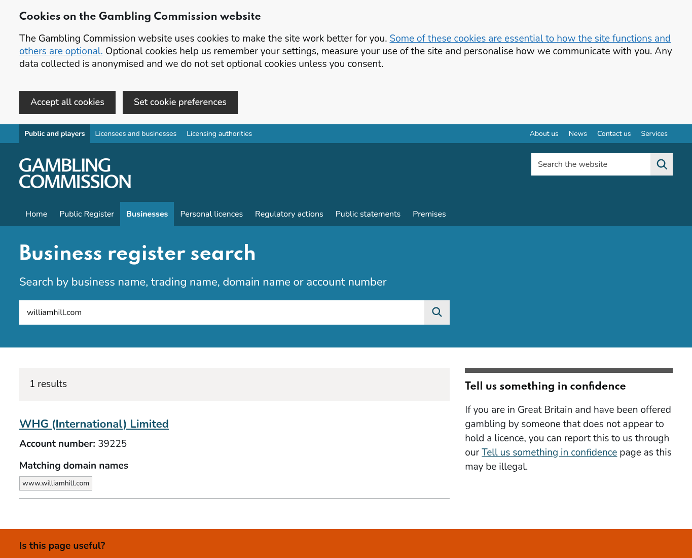 Vastlegging van het Britse registerresultaat voor williamhill.com